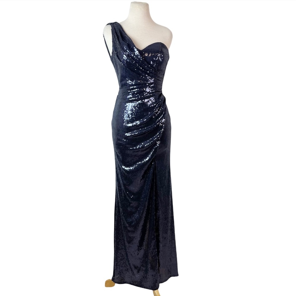 Cache Navy One-Shoulder Sequin Prom Gown
